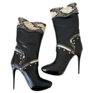 Tabitha Simmons Heidi Black Leather Snakeskin Stiletto Heeled Boots Size 37.5